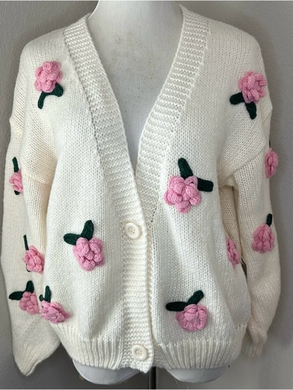 Luna Ivy Ivory Cream Cardigan with 3D Pink Floral Appliqués